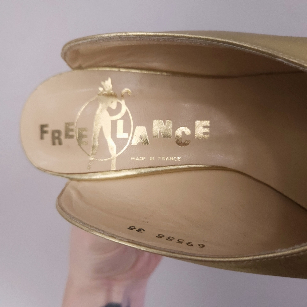 Vintage FREE LANCE Paris Mules Metallic Gold Leather Stiletto Heels Pumps EU 38 - Picture 9 of 12
